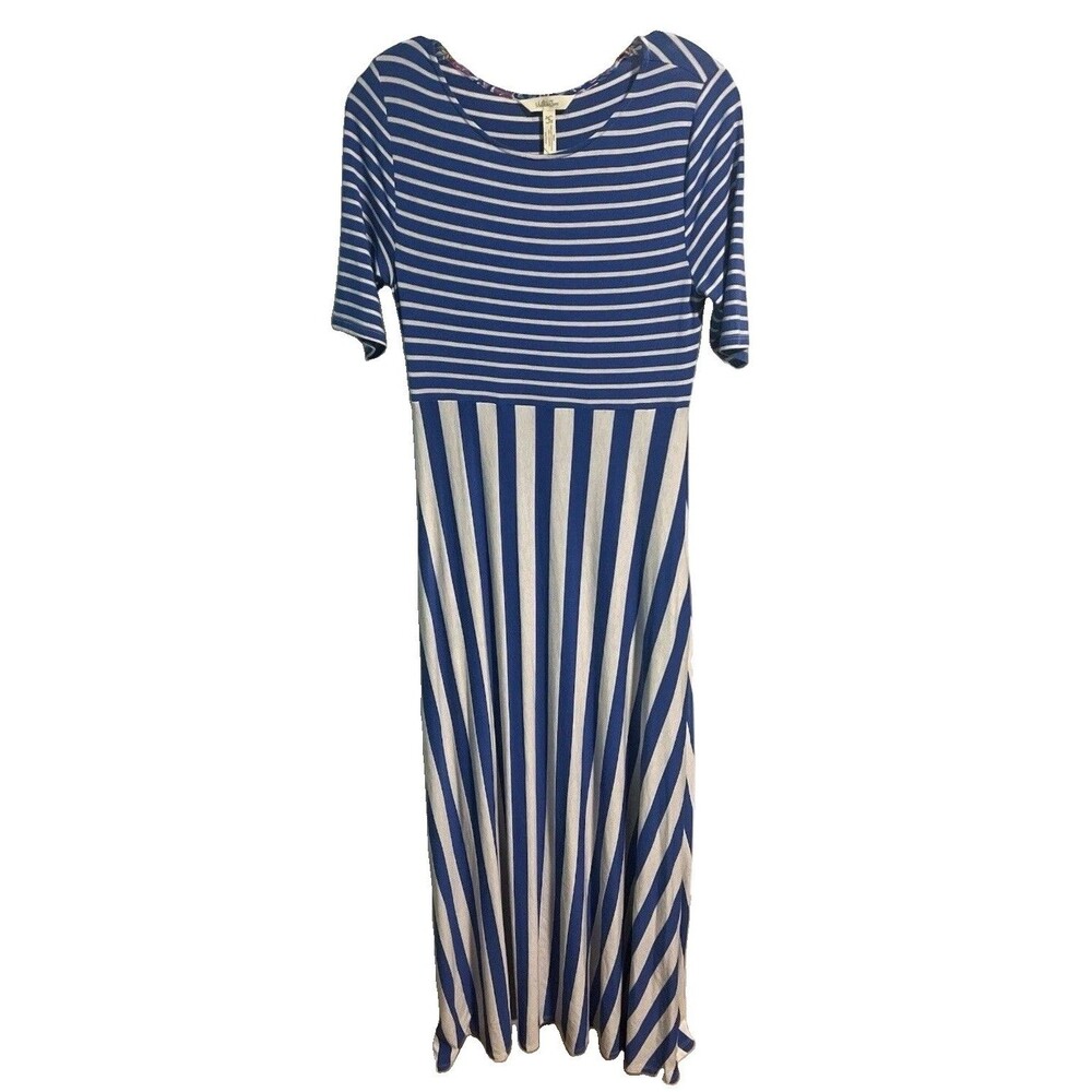 Matilda Jane Maxi Dress Small Blue White Stripe Modest A-Line Stretch Pockets